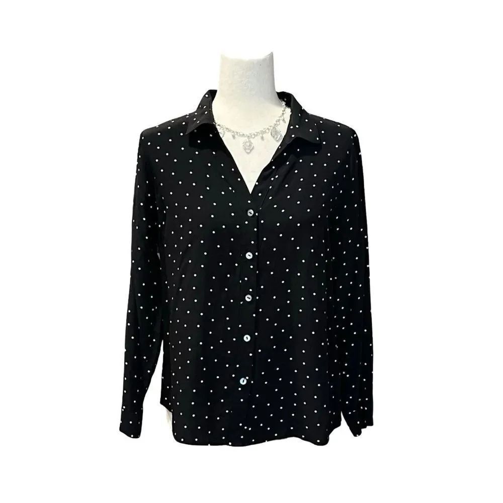 J. Jill Lightweight Button-Up Long Sleeve Blouse Black & White Size Small Petite